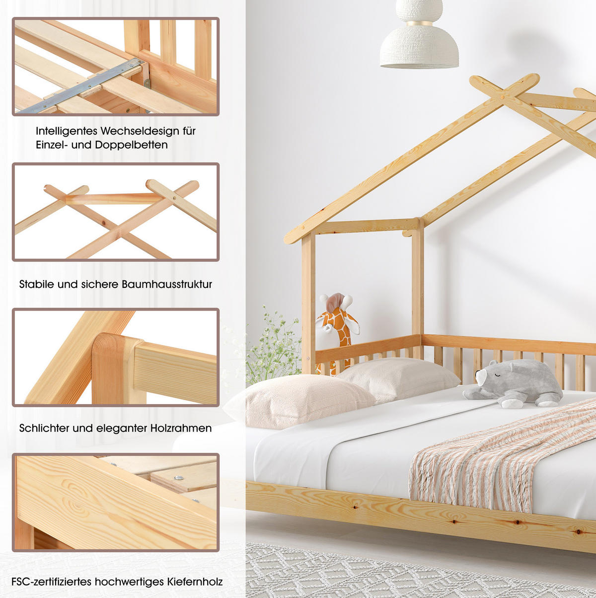 HAUSBETT aus massivem Kiefernholz 90/180x200 cm Natur ausziehbar mit Hausdach und 3-seitigem Geländer - Naturfarben, Holzwerkstoff (90/200cm) - Modfu