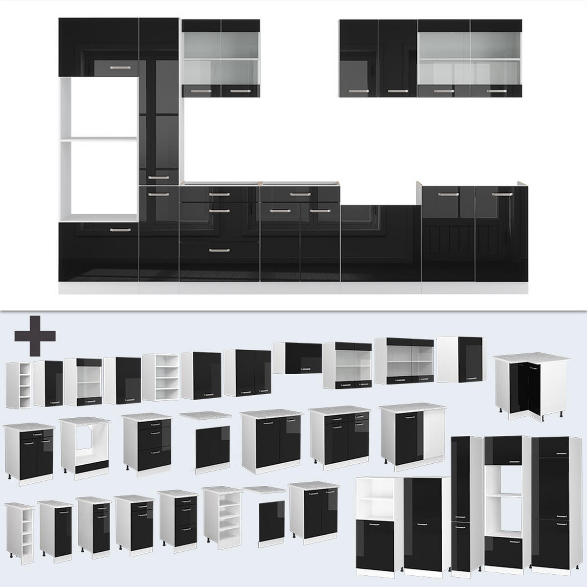 KÜCHENZEILE R-Line Schwarz Hochglanz/Weiß 350 cm mit Hochschrank AP Anthrazit - Schwarz Hochglanz/Weiß, Holzwerkstoff (350/81.6/60cm) - Vicco