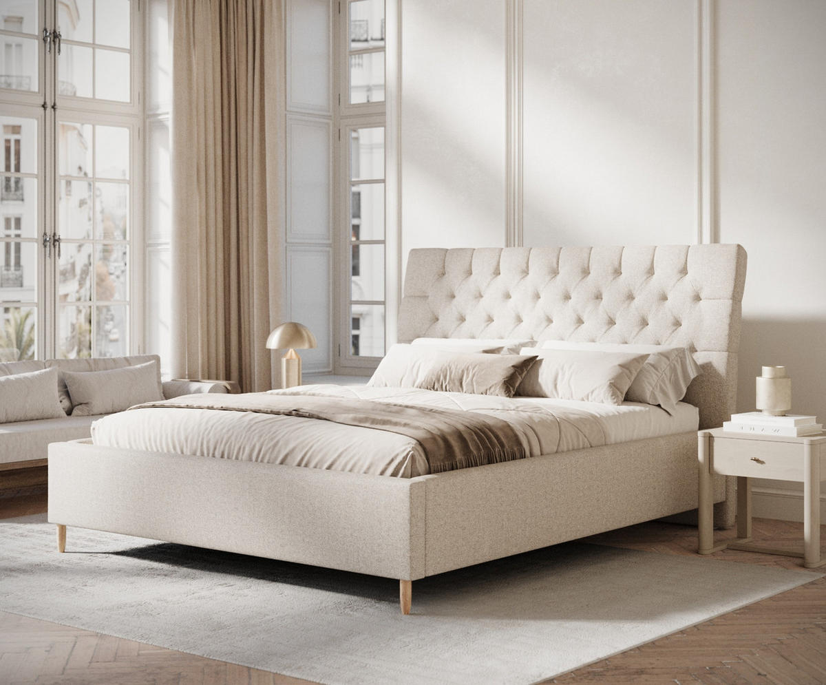POLSTERBETT Vezzola Creme 180/200 cm im Webstoff - Creme/Naturfarben, Holz/Holzwerkstoff (180/200cm) - Maison de Reve