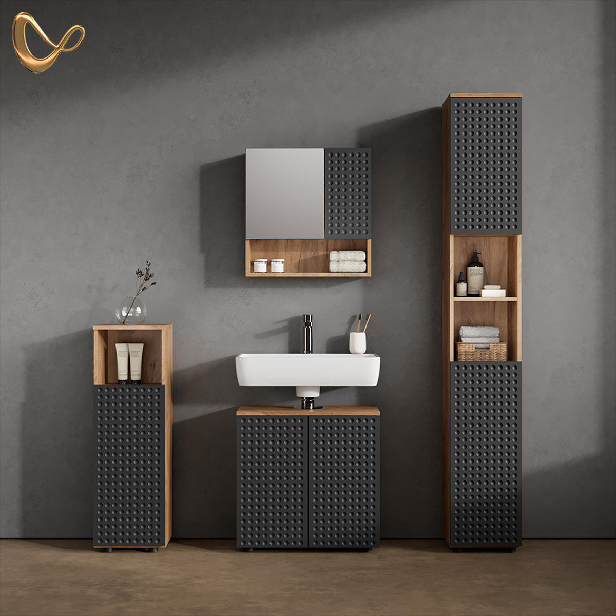 BADMÖBEL-SET Ronco Anthrazit gepunktet 4 Teile, mit Hochschrank - Anthrazit/Eiche Wotan, Holzwerkstoff (80/58.6/41cm) - Livinity®