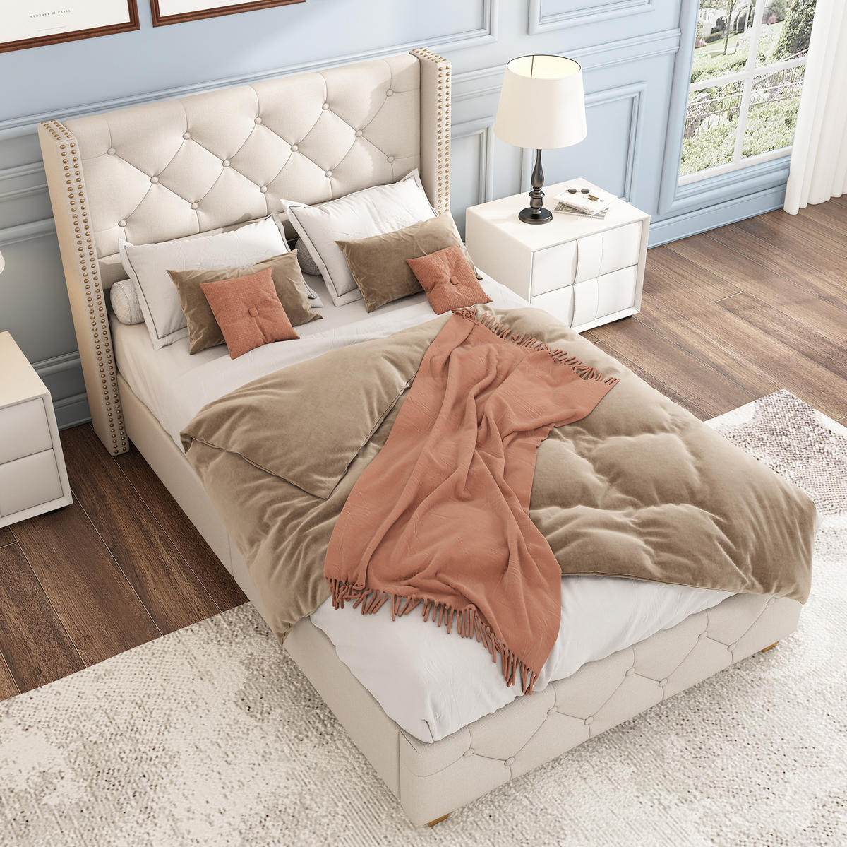 POLSTERBETT 90/200 cm mit Lattenrost, Knopfheftung & Nieten-Kopfteil, Beige - Beige, Textil (90/200cm) - Redom
