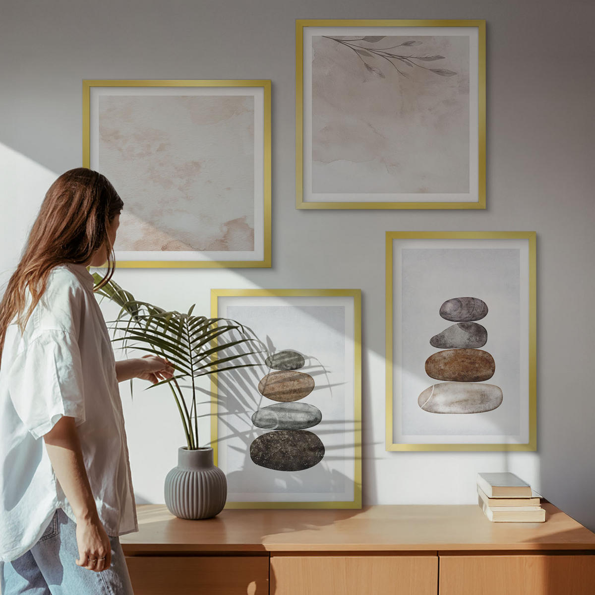 WANDBILDER 4er Set - 50x50 cm & 40x60 cm Goldrahmen - Steinstapel-Boho-Malerei - Goldfarben, Kunststoff (50/50cm) - ArtPrintCave