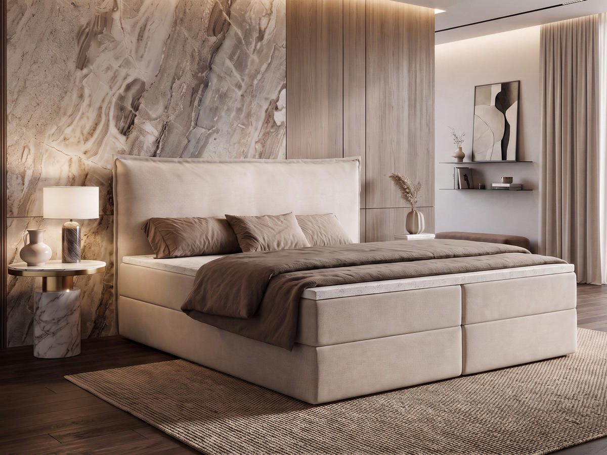 BOXBETT ARENO 200x200 cm Komplett-Set mit Bettkasten, Bonell-Matratze H3 und Topper - Beige - Beige, Textil (200/200cm) - Luxkor24