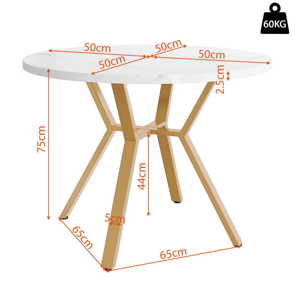 ESSTISCH 100/75/100 cm Weiß/Goldfarben aus MDF und Stahl mit Marmoroptik - Weiß, Holzwerkstoff (100/100/75cm) - OKMYHOME