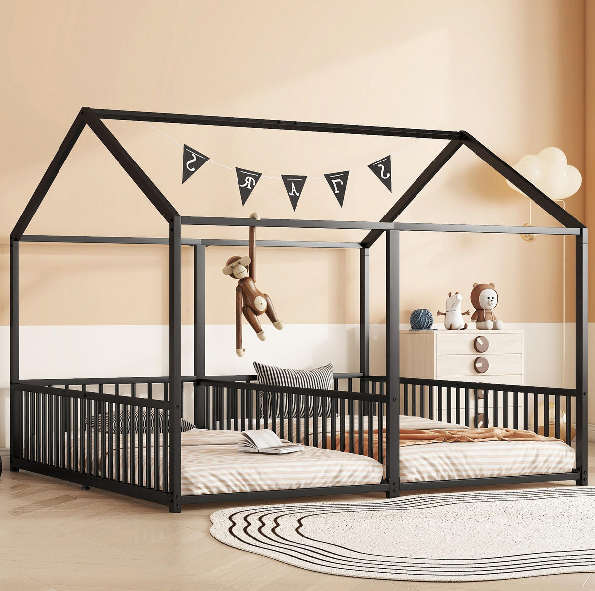 HAUSBETT 90/200 cm Schwarz aus Metall mit Hausform und Geländer - Schwarz, Metall (90/200cm) - OKMYHOME