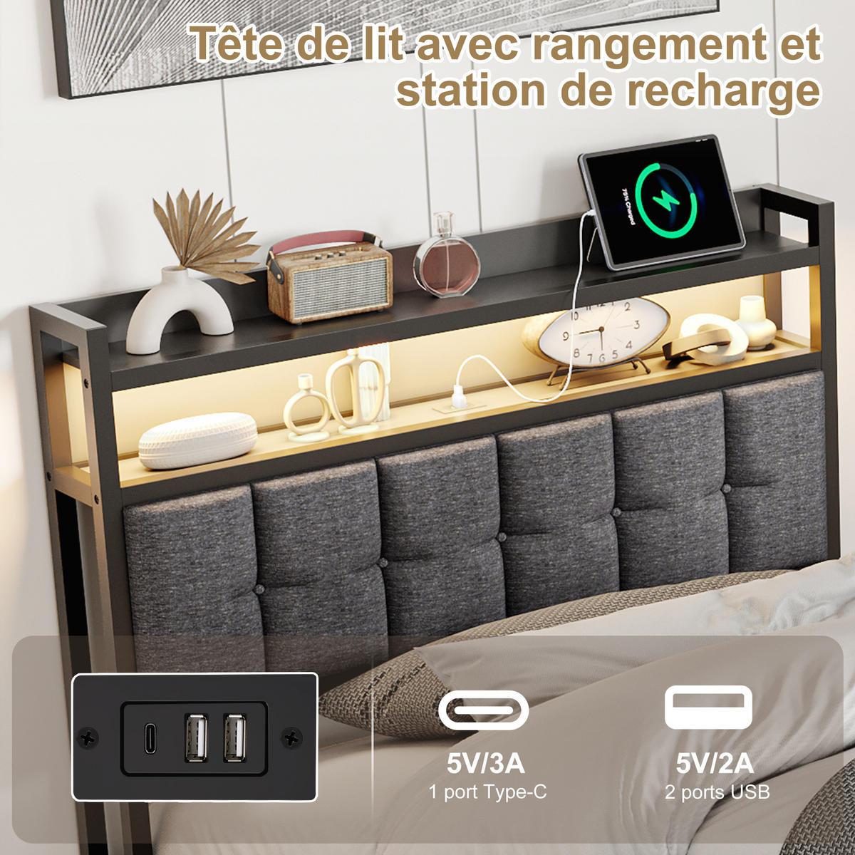 STAURAUMBETT 90x200 cm adulte mit Kopfteil mit Stauraum, LED-Beleuchtung, USB, Hydraulisches Hubsystem, Leinenstoff, Lattenrost - Grey - Grau, Holzwerkstoff (90/200cm) - Brevoria
