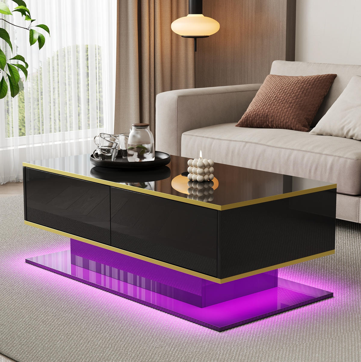 COUCHTISCH aus Spanplatte 100x50x40 cm in Schwarz mit LED-Beleuchtung - Schwarz, Holzwerkstoff (100/50/40cm) - Modfu