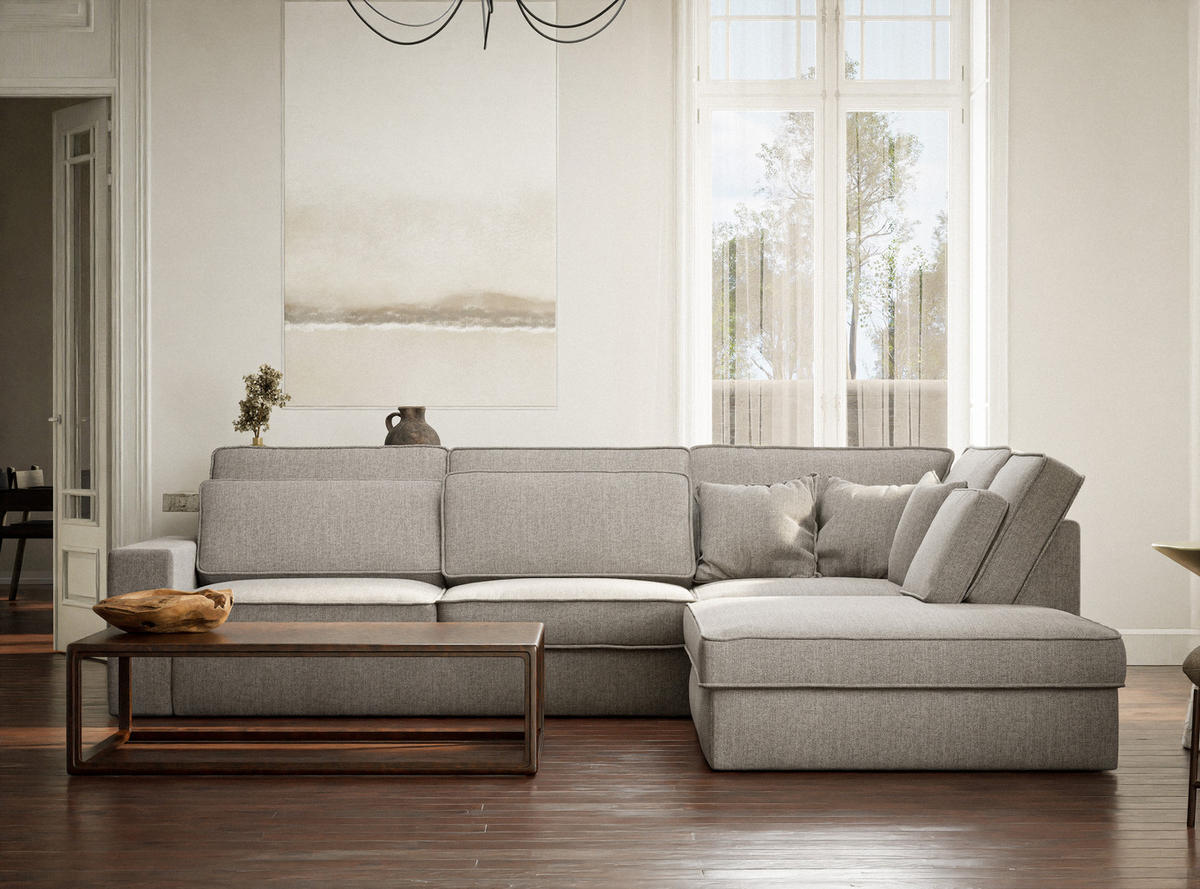 ECKSOFA Kirou Beige grau Webstoff - Rechts Seite - Greige/Schwarz, Holz/Holzwerkstoff (225/311cm) - Maison de Reve