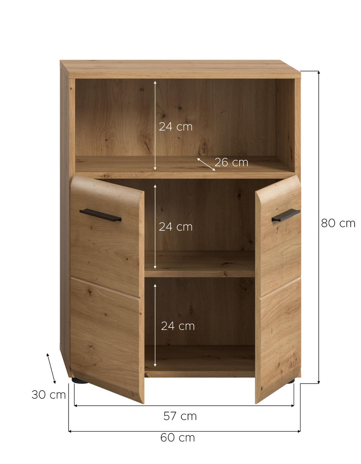 MIDISCHRANK in Eiche Artisan, Badezimmer Kommode 2-türig, 60 x 80 cm - Schwarz/Eiche Artisan, Holzwerkstoff/Kunststoff (60/80/30cm) - Inn.Furn