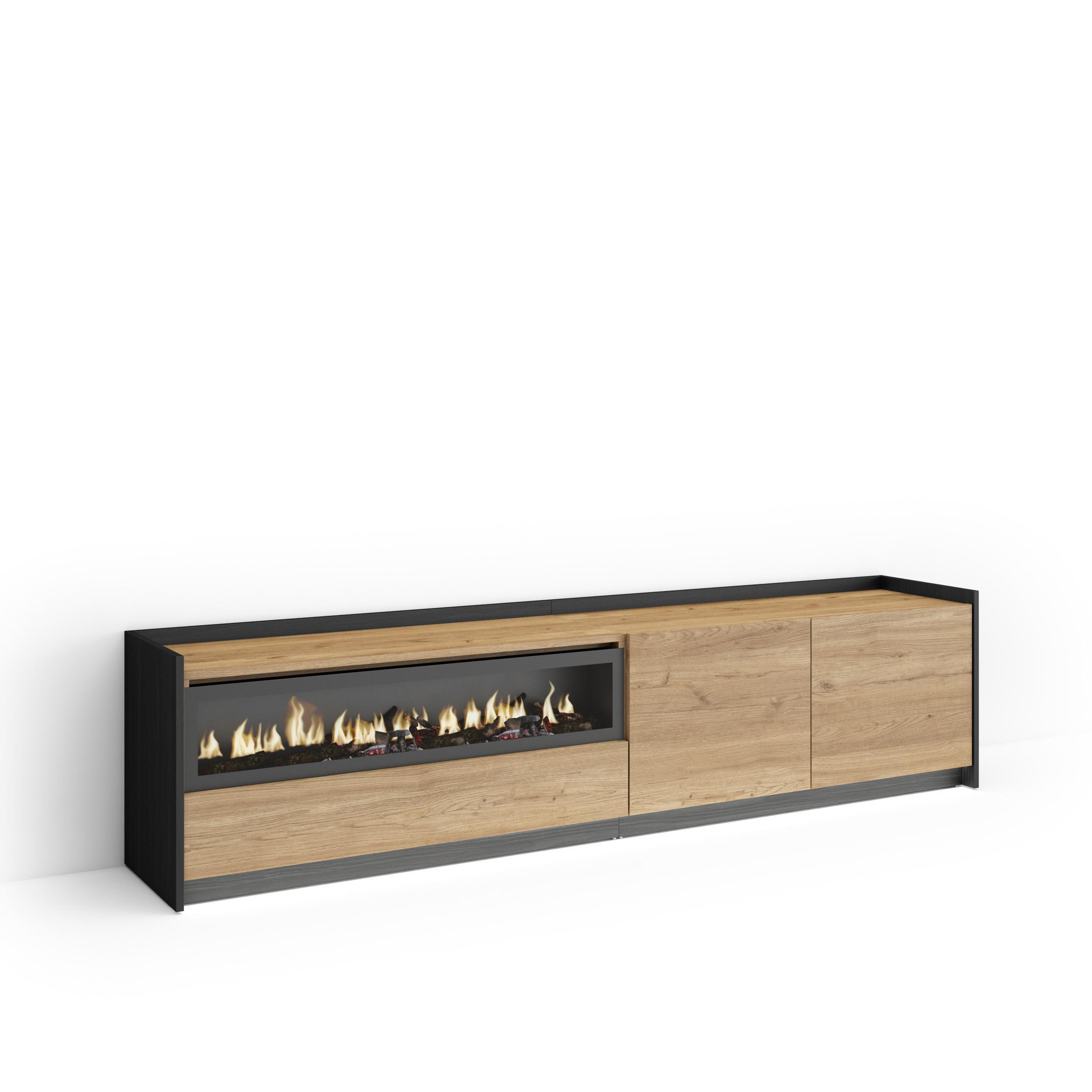 LOWBOARD, Eiche und Schwarz, 207/37/50cm, Kamin mit Feuereffekt - Eichefarben, Holzwerkstoff (207/50/37cm) - Skraut Home