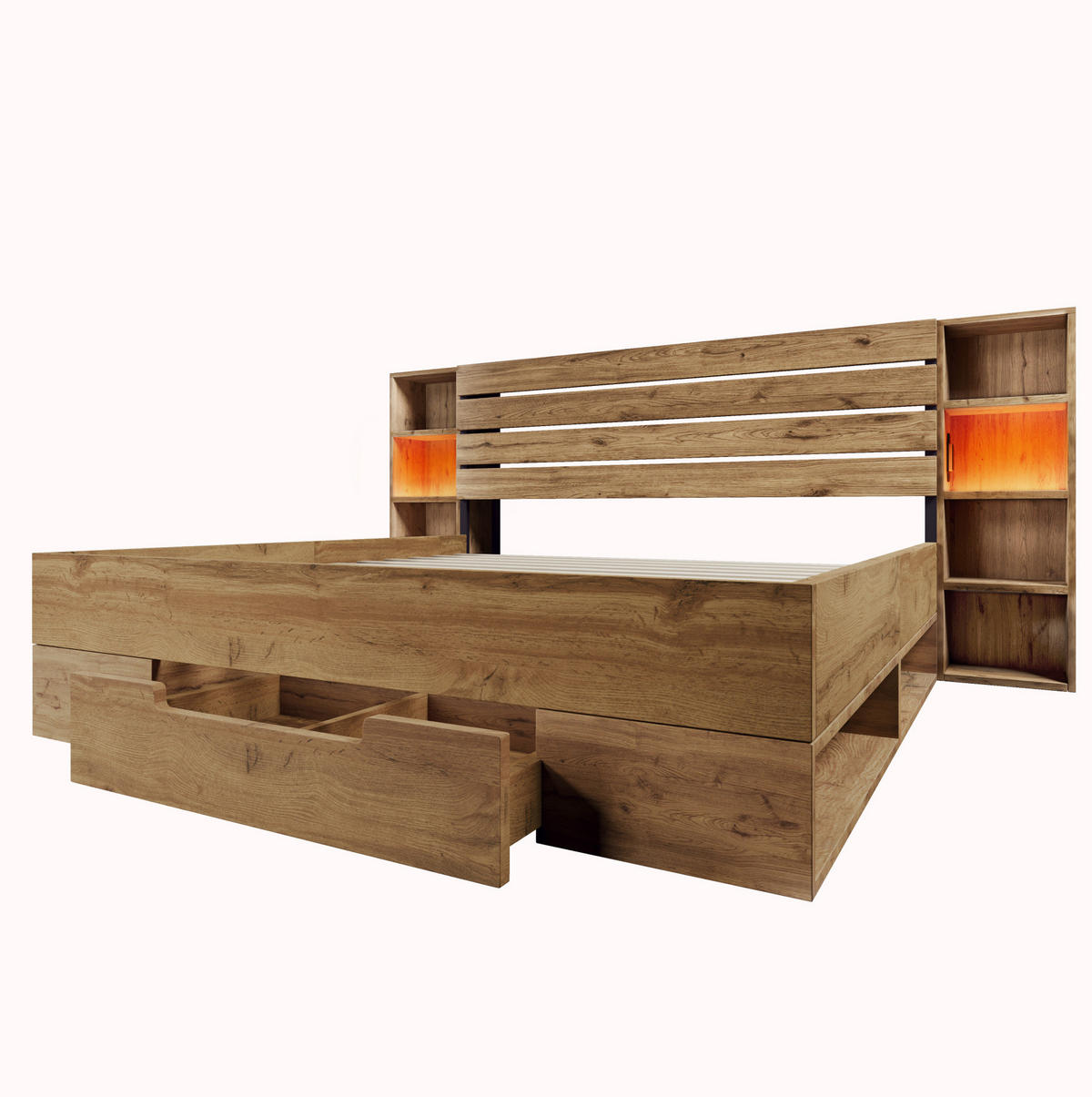 ČALOUNĚNÁ postel 252/218/90 cm, dřevo/kov, dubová s LED osvětlením a USB nabíjením - barva dubu, kov (180/200cm) - BEAOK