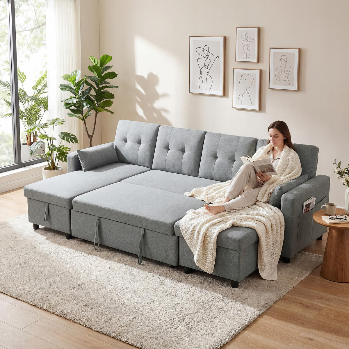 ECKSOFA mit Schlaffunktion Polyester Grau - Schwarz/Grau, Holz/Kunststoff (147/85/241cm) - HOMCOM