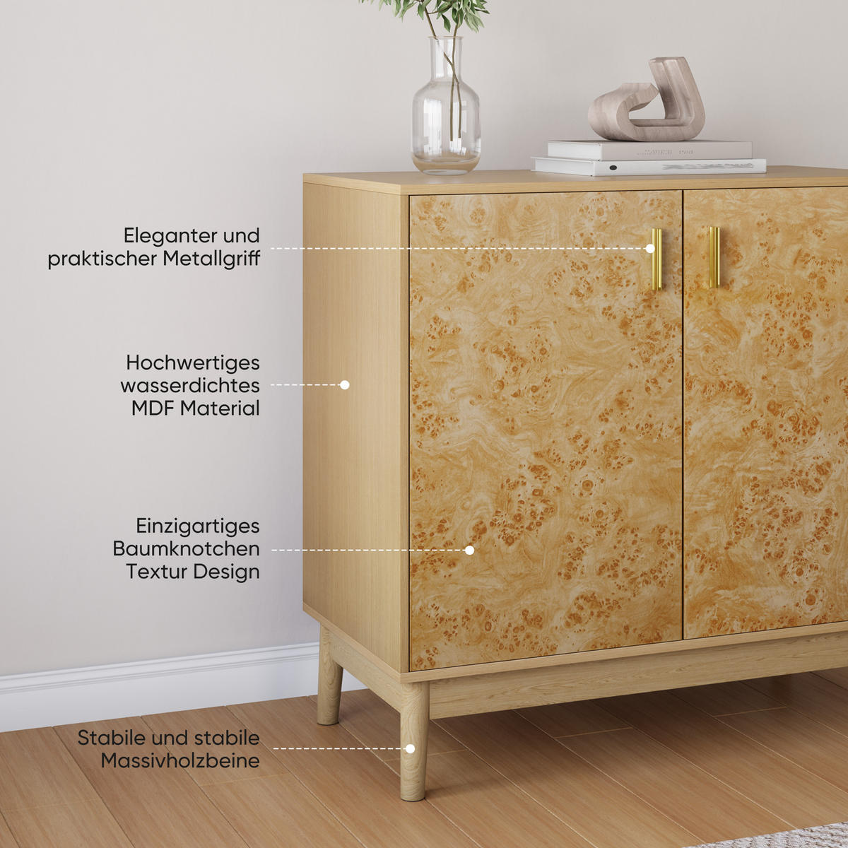 SIDEBOARD Gelb mit Baumknoten-Struktur, goldener Griff, MDF/Holz, verstellbare Einlegeböden, 80/38/77,5 cm, Gelb - Gelb, Holzwerkstoff (80/77.5/38cm) - Redom