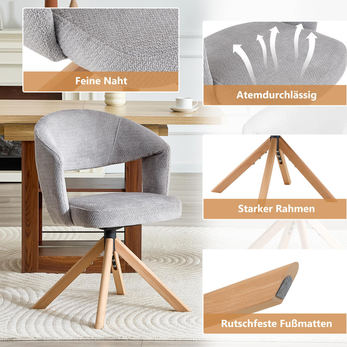 ARMLEHNSTUHL-SET DE-36635 2 Stück mit Massivholzbeinen Grau - Grau, Holz (47.5/81.5/47cm) - ComfortXL