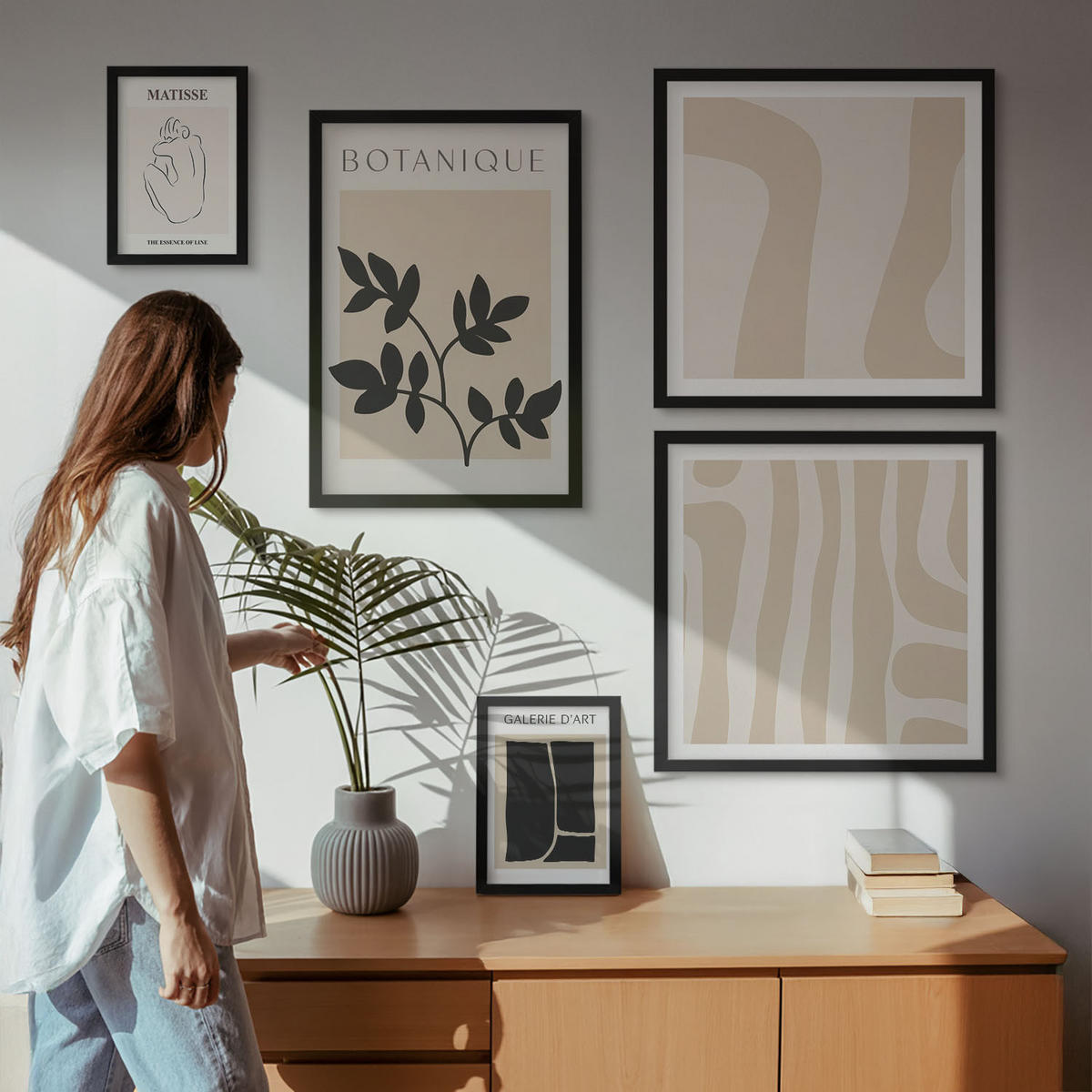BILDER SET 5er Set - 50x50 cm & 20x30 cm & 40x60 cm Schwarzer Rahmen - Abstrakte Pflanzenmotive - Schwarz, Kunststoff (40/60cm) - TULUP