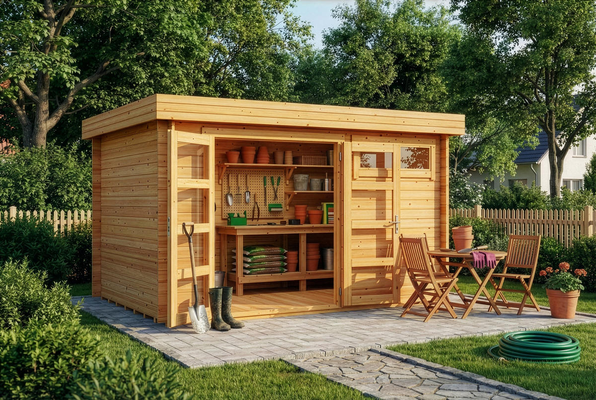 GARTENHAUS Komplettset - Leandro - Pinienfarben, Holz (394/217/268cm) - Alpholz