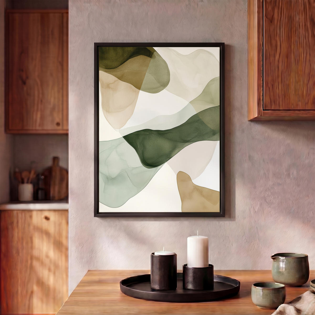 LEINWAND Bilder mit Rahmen - Japandi - Abstrakt - Grün - 30x40 - Salbeigrün, Textil (30/40cm) - MuchoWow