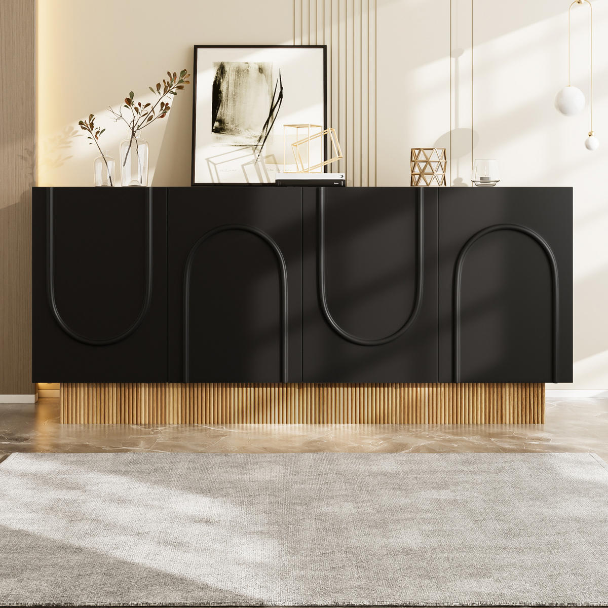 KOMMODE 160/38/75 cm in Schwarz mit 4 Türen und U-Reliefstruktur - Schwarz, Holzwerkstoff (160/75/38cm) - Flora Grace