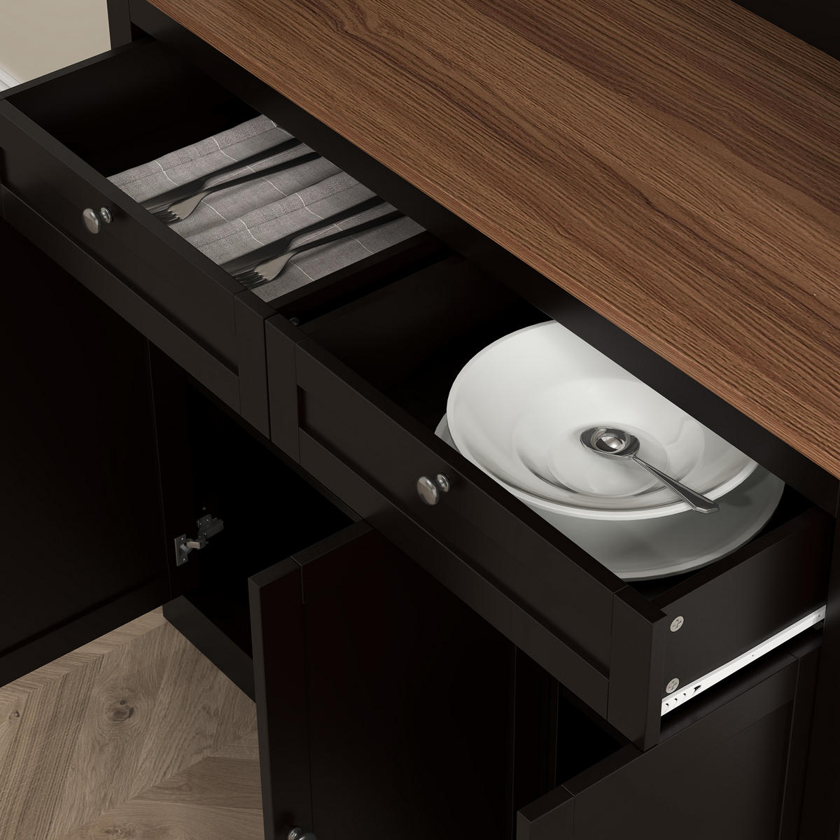 BUFFET DE-11213 6 Türen & 2 Schubladen mit Arbeitsplatte Schwarz - Schwarz, Holzwerkstoff (40/180/100cm) - ComfortXL