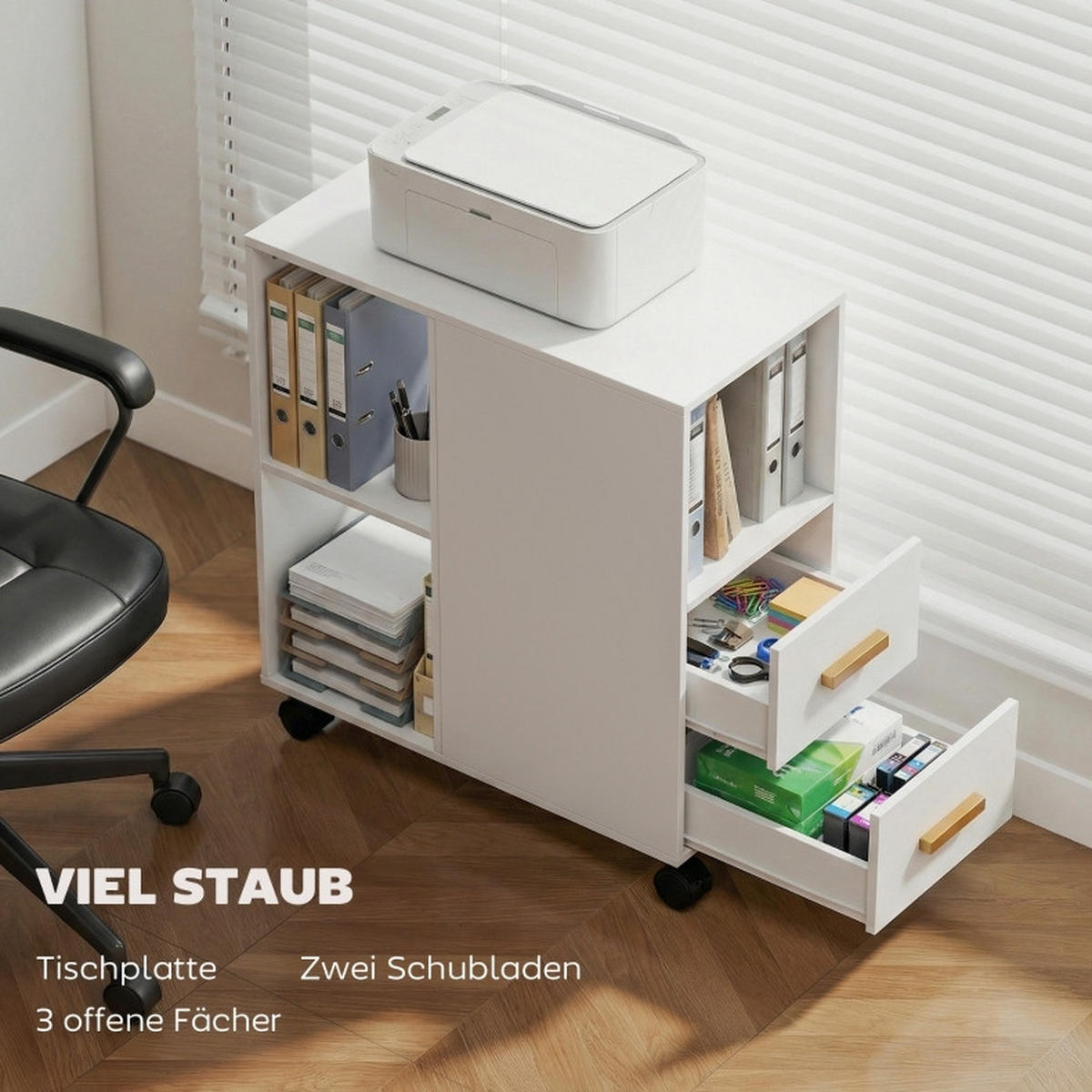 BÜCHERREGAL 60/30/65 cm mit 2 Schubladen, Rollen und verstellbarem Boden in Weiß - Weiß, Holz (60/65/30cm) - BEAOK