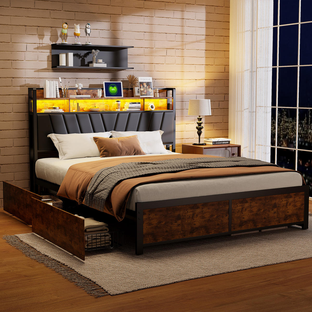 POLSTERBETT 140x200 cm, Doppelbett mit 4 Schubladen, LED und USB, PU-Leder in Schwarz - Schwarz, Holz (140/200cm) - BRILVERDE