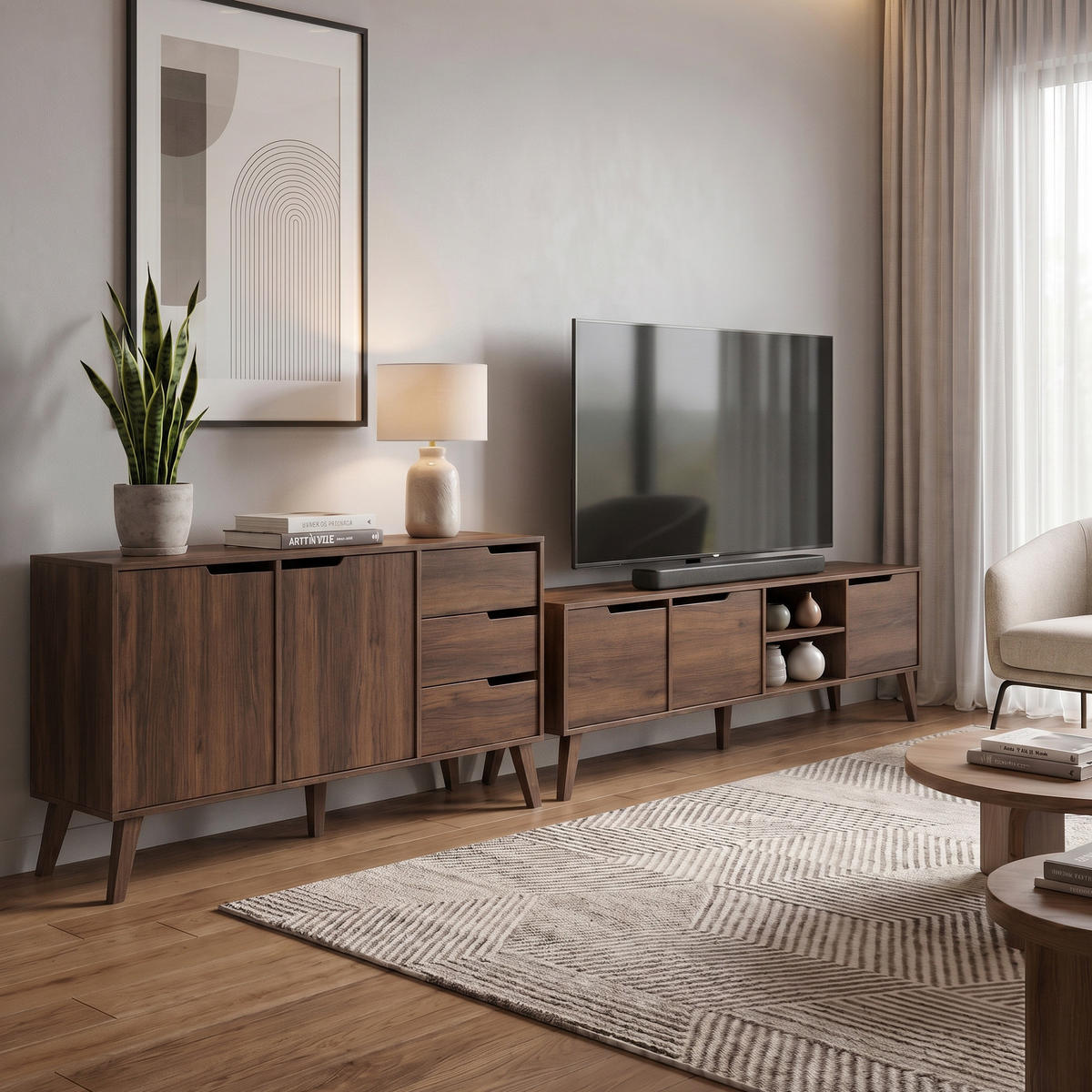 WOHNWAND Norel 2-teilig Kommode 160 cm + TV-Schrank 180 cm, Wallnuss - Walnussfarben, Holzwerkstoff (180/55/40cm) - Beautysofa