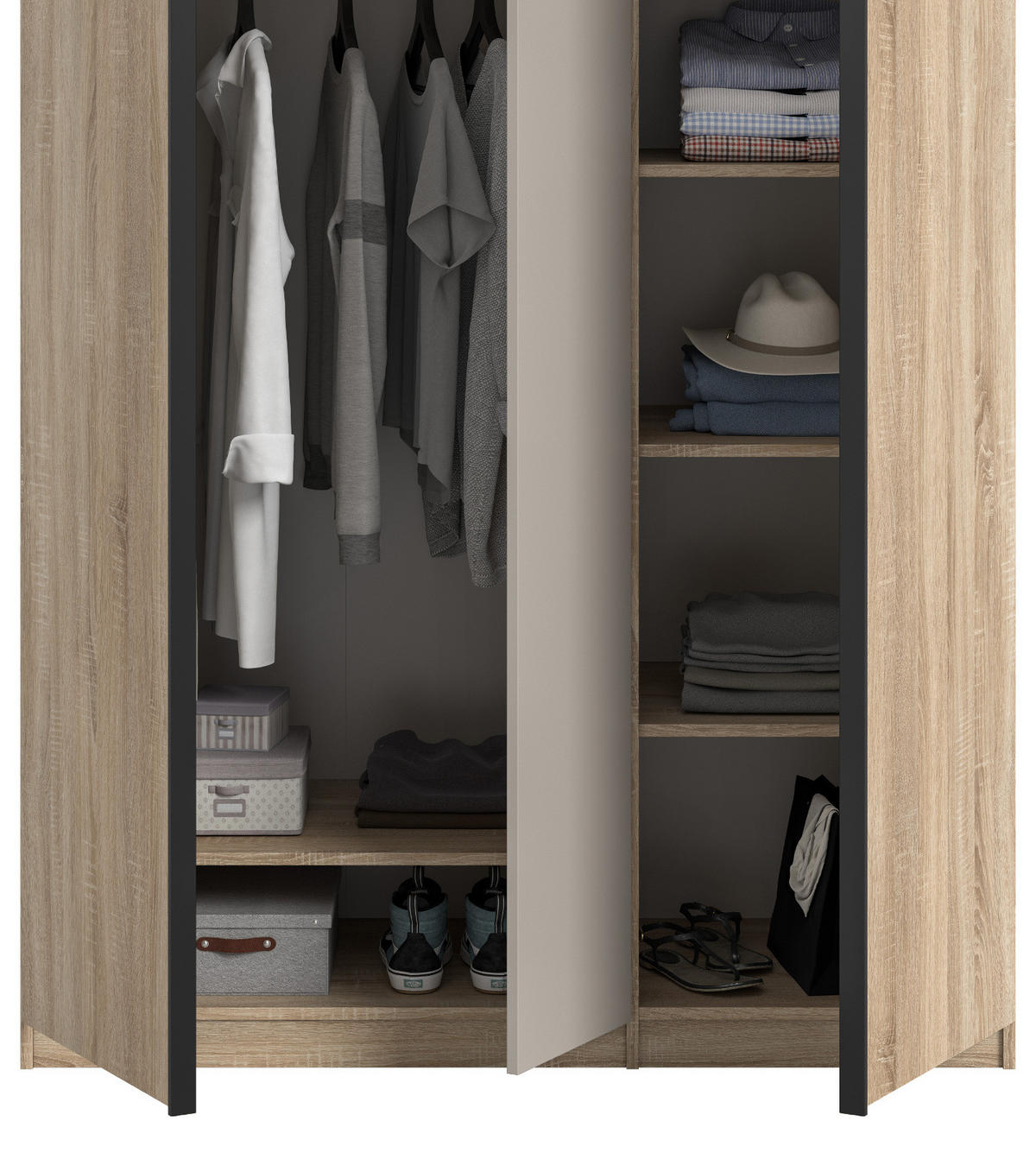 KLEIDERSCHRANK Eiche Sonoma, Kaschmir 3-türig 130 x 183 cm, Drehtürenschrank inklusive Kleiderstangen - Kaschmir/Eichefarben, Holzwerkstoff/Kunststoff (130/183/53cm) - Inn.Furn