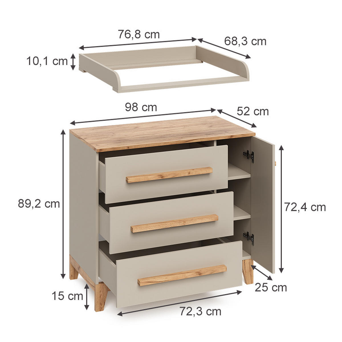 WICKELKOMMODE Malia Cashmere 98 x 98 cm mit 1 Tür & 3 Schubladen - Kaschmir/Hellgrau, Holzwerkstoff (98/98/52cm) - VitaliSpa
