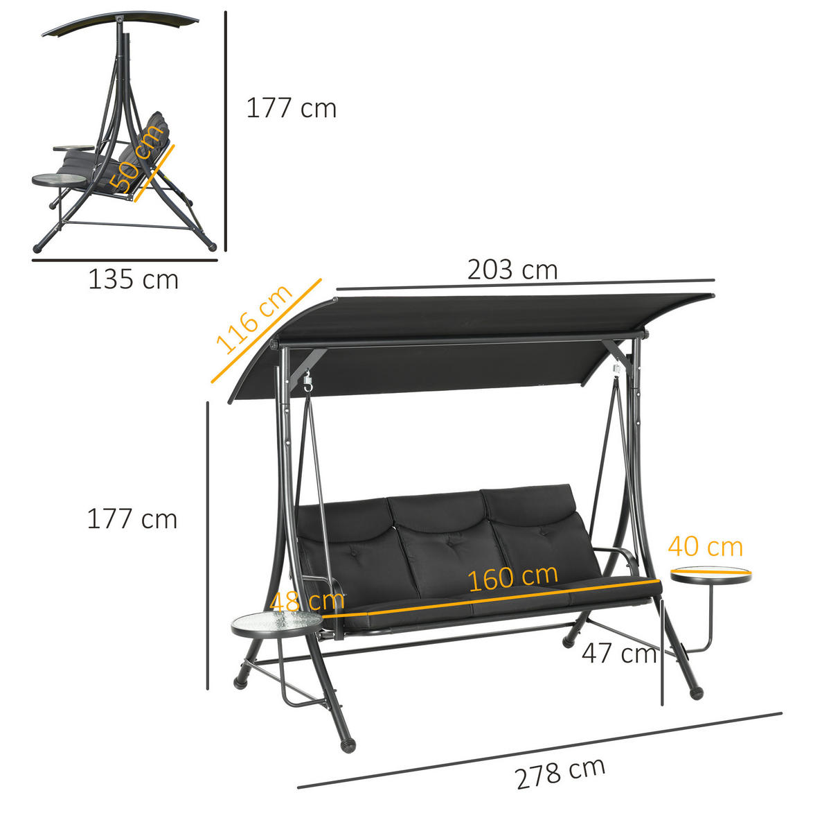 HOLLYWOODSCHAUKEL aus Metall 278x135x177 cm in Schwarz mit Couchtischen - Schwarz, Metall (278/177/135cm) - Modfu