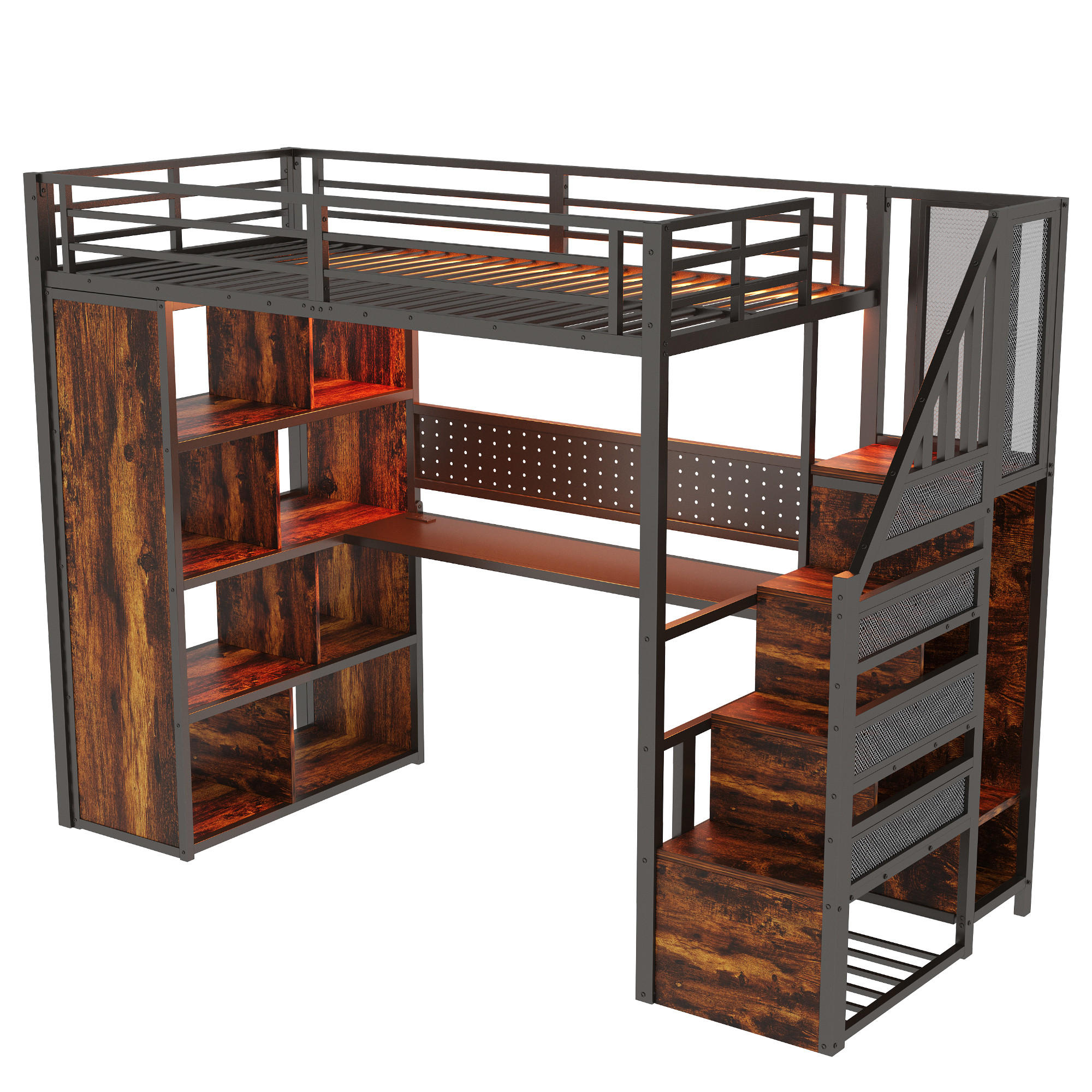HOCHBETT 90/200 cm DE-01506, in Schwarz, mit Kleiderschrank, Schreibtisch und LED-Lichtleiste - Schwarz, Metall (90/200cm) - ComfortXL