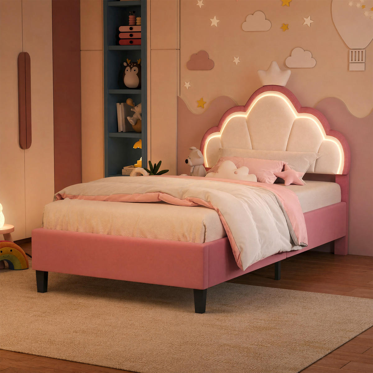 POLSTERBETT 90x190 cm mit höhenverstellbarem Kopfteil & RGB-LED – Kinderbett Bettgestell für Mädchen, Samt, Rosa - Pink, Holz/Metall (90/190cm) - BursDany
