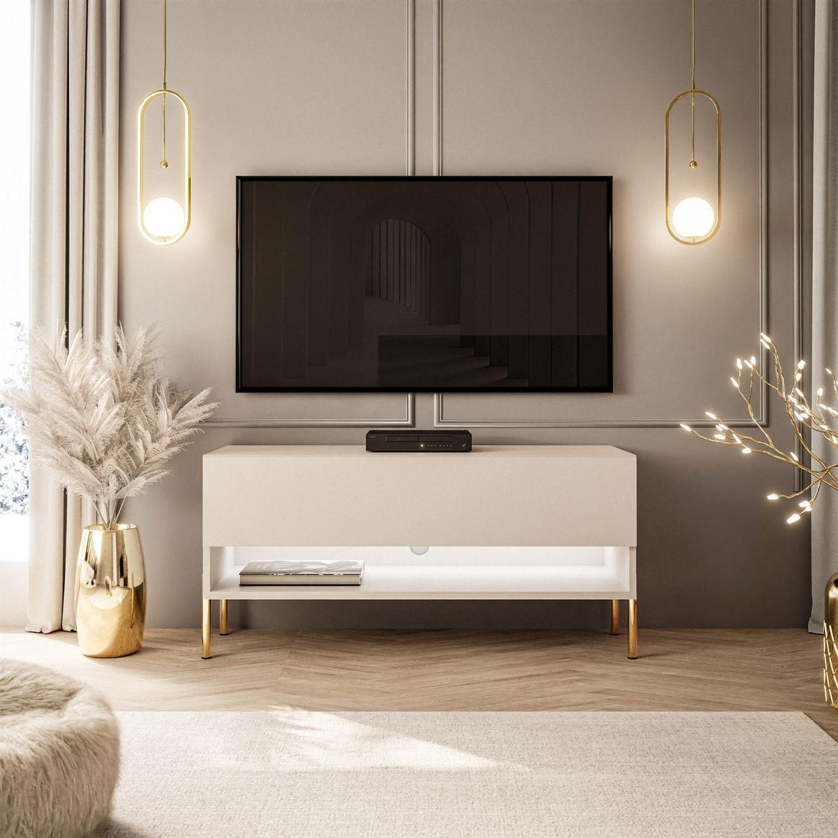 LOWBOARD TV-Schrank CALANTE 90 cm auf geraden goldenen Chrom-Beinen - Kaschmir/Goldfarben, Holzwerkstoff/Metall (90/44/35cm) - Lookway