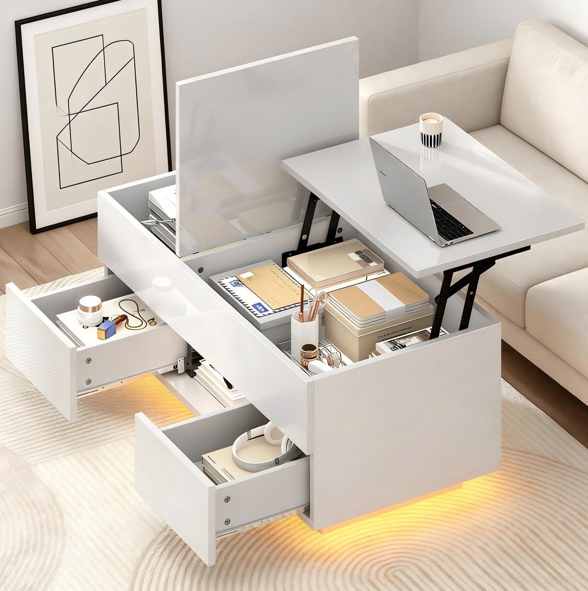 COUCHTISCH aus Spanplatte 100x45x43 cm in Weiß mit LED & höhenverstellbarer Tischplatte - Weiß, Holzwerkstoff (100/45/43cm) - Modfu