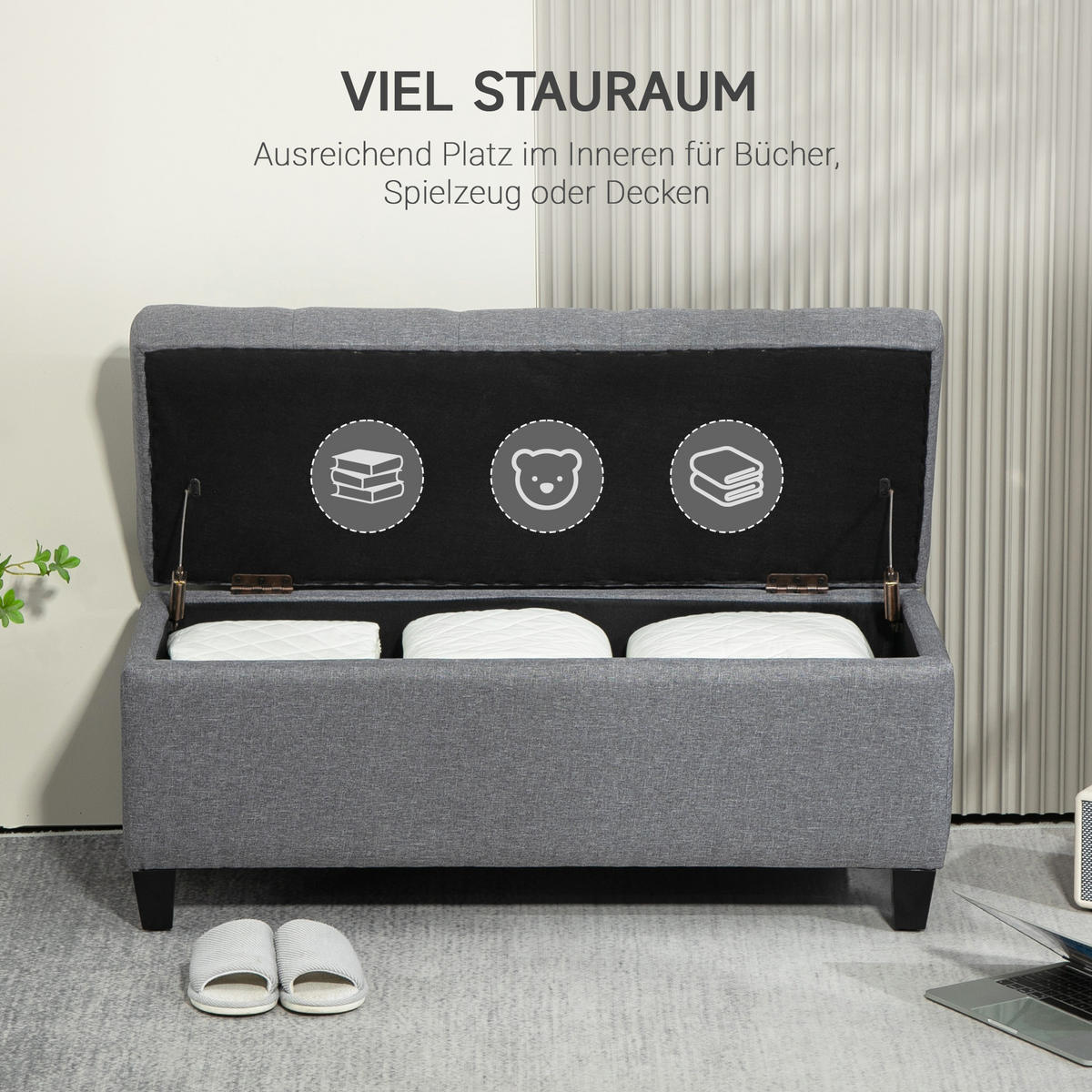 LUXUS Sitzbank Polsterbank mit Stauraum Armlehnen Polyester Holz Hellgrau - Hellgrau, Kunststoff (40/44/100cm) - HOMCOM