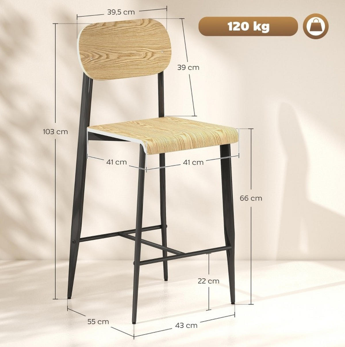 BARHOCKER Naturfarben mit Fußstütze, Sitzhöhe 66 cm - Naturfarben, Metall (43/103/55cm) - MIVRAY