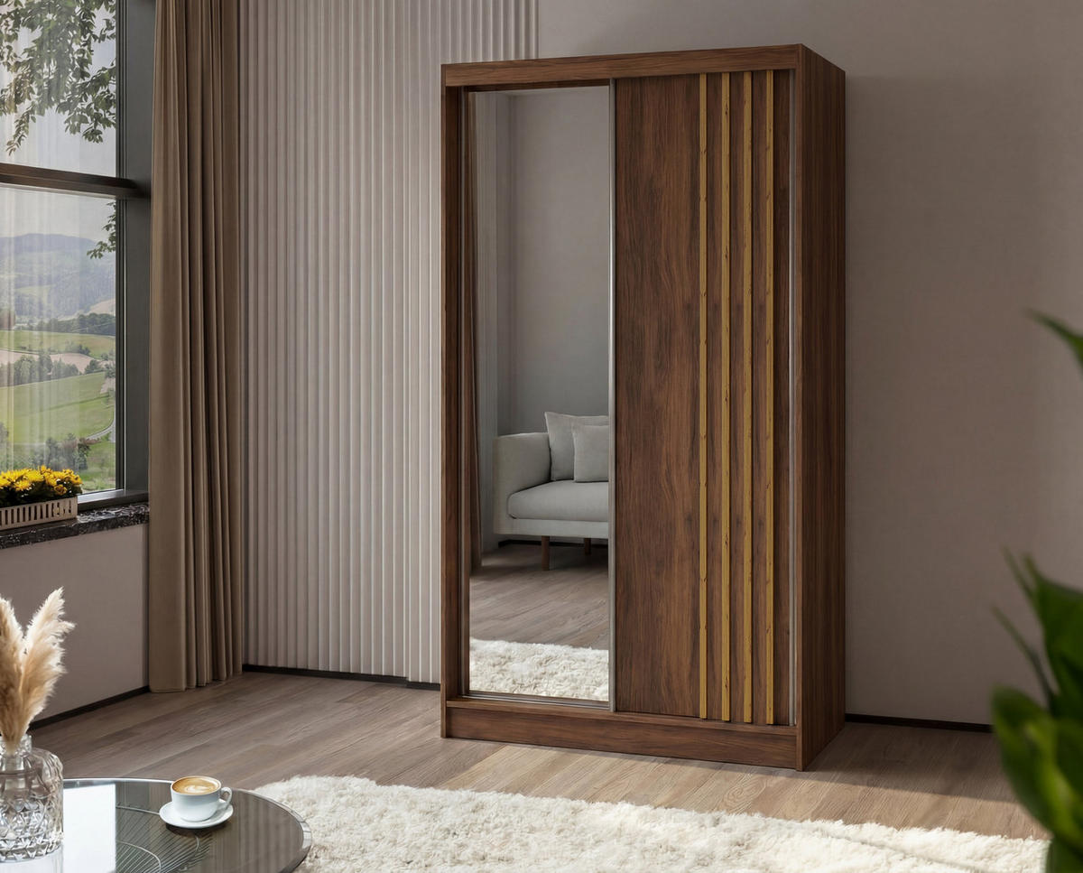 SCHWEBETÜRENSCHRANK NELVIA 120/216/61 cm Modern Kleiderschrank 2-türig mit Spiegel Nussbaumfarben - Nussbaumfarben, Holzwerkstoff (120/216/61cm) - MASSENO