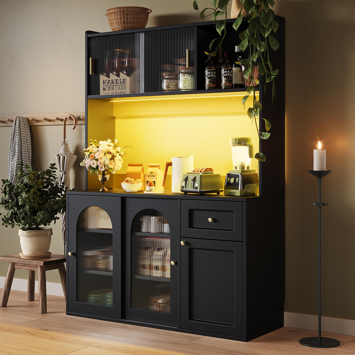 ANRICHTE Küchenschrank 120/35/167 cm aus MDF und Holzwerkstoff mit LED-Beleuchtung Schwarz - Schwarz, Holzwerkstoff (120/167/35cm) - Modenvie