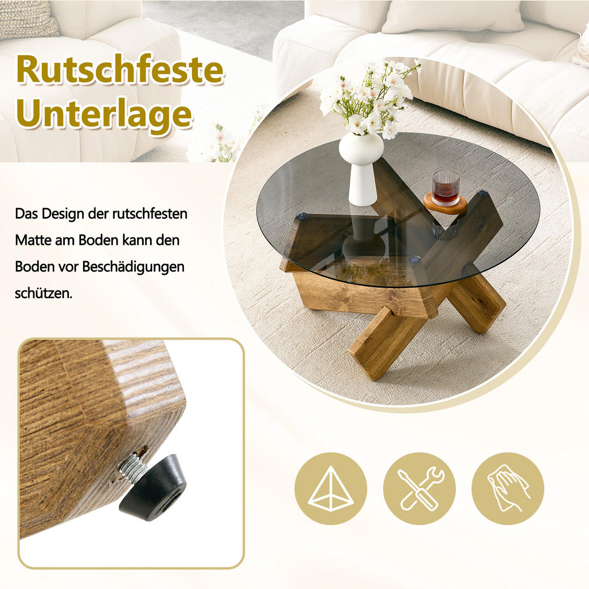COUCHTISCH DE-37370 rund mit Glasplatte und skulpturalem Sockel Holz - Naturfarben, Holzwerkstoff (79/79/45cm) - ComfortXL