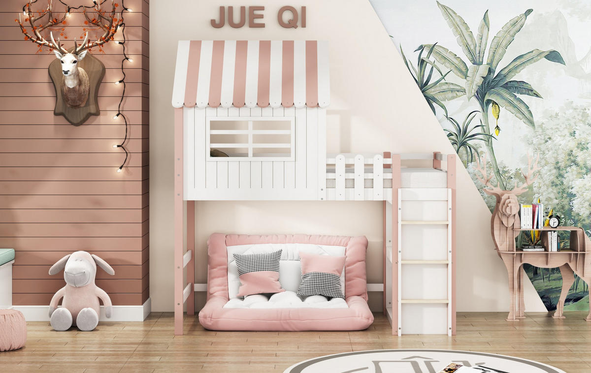 HOCHBETT 90/200 cm Rosa aus Massivholz mit Sicherheitsleiter - Pink, Holz (90/200cm) - OKMYHOME