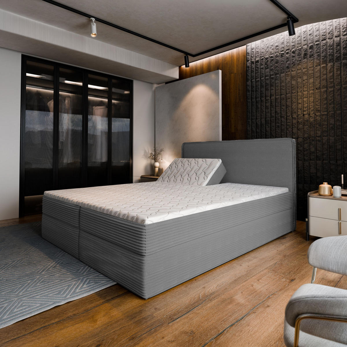 BOXBETT ASTOR 160x200 cm mit Matratze und Topper - Grau - Grau, Holz (160/200cm) - MASSENO