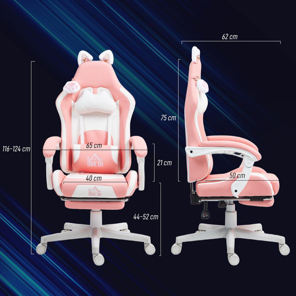 GAMING Stuhl Ergonomischer Gamer Stuhl mit Lendenwirbelstütze, Fußstütze Rosa - Rosa/Weiß, Leder/Kunststoff (62/124/65cm) - HOMCOM