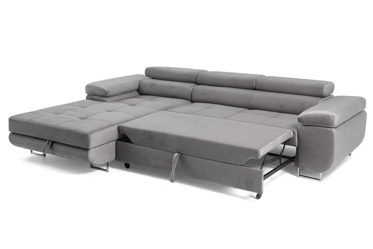 ECKSOFA ALONZO L Links mit Schlaffunktion 125x195 Velours Grau - Silberfarben/Grau, Holz/Textil (275/203cm) - Muffo
