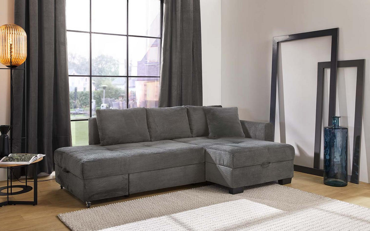 ECKSOFA Doppelbett mit Bettkasten, seitenverkehrt montierbar B247/T155/H87 cm, Liegefläche 183x207 cm, Cord Grau Anthrazit / 15214 - Schieferfarben/Anthrazit, Kunststoff/Textil (247/155cm) - luma-home