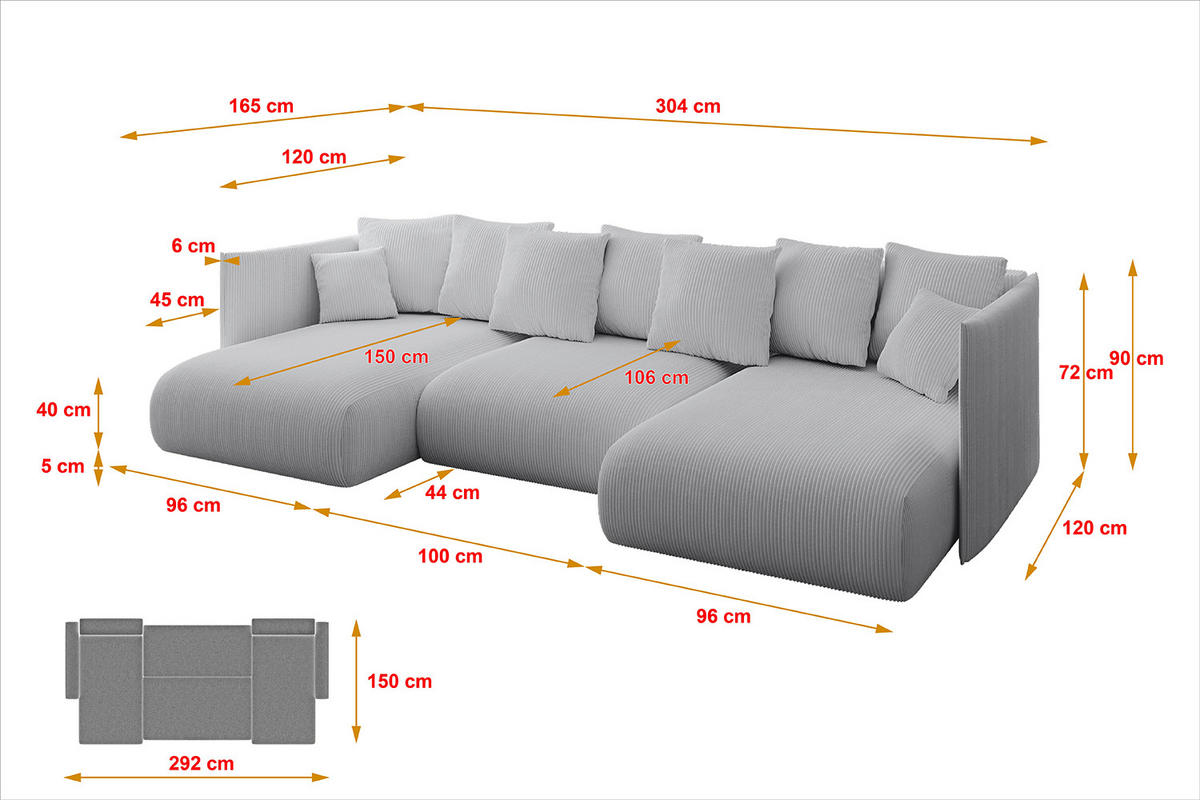WOHNLANDSCHAFT mit Schlaffunktion und Bettkasten ONESK-U 304x165x40 Grau Cord - Grau, Holzwerkstoff/Kunststoff (304/90/165cm) - ALTDECOR
