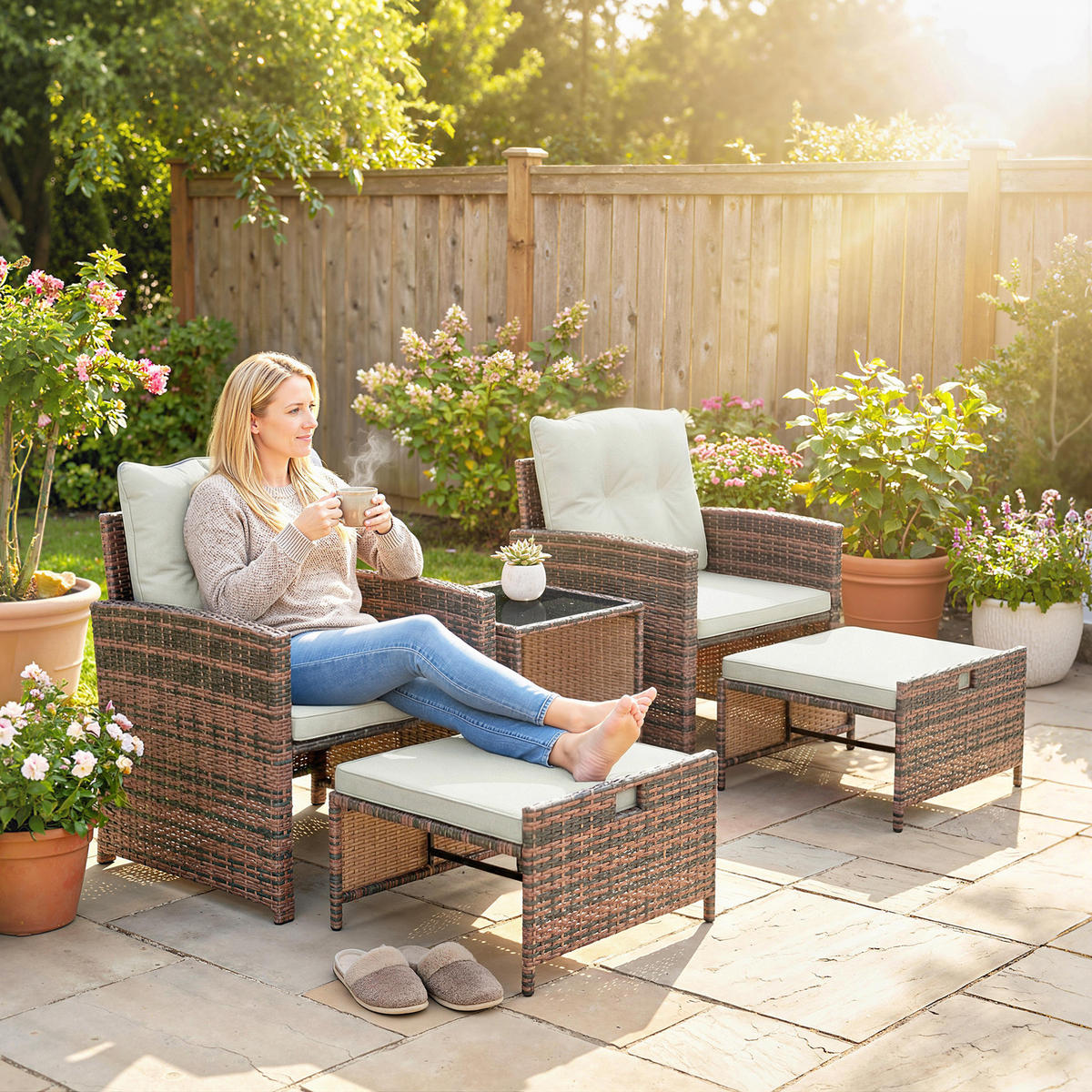 RATTAN-GARTENMÖBEL 5er Set PE-Rattan Stahl Cremeweiß - Creme/Schwarz, Kunststoff/Textil - Outsunny