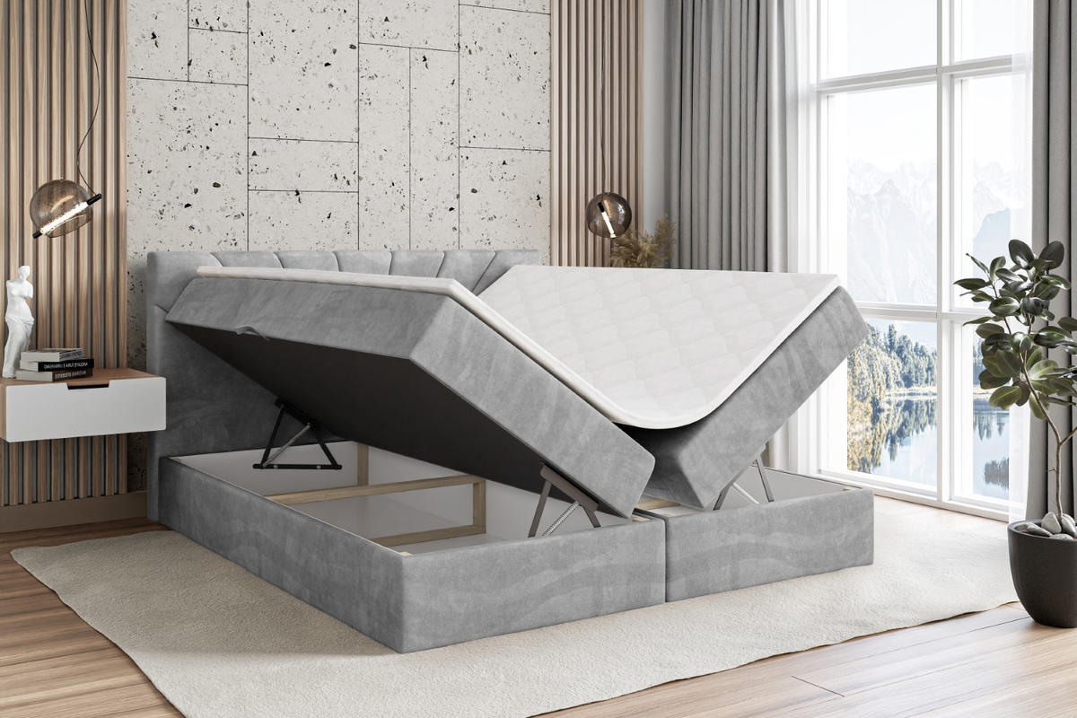 BOXBETT mit Matratze H4 und Lattenrost - MILTIO - 200x200 cm - H4 - Hellgrau - Hellgrau, Holzwerkstoff (200/200cm) - ALTDECOR