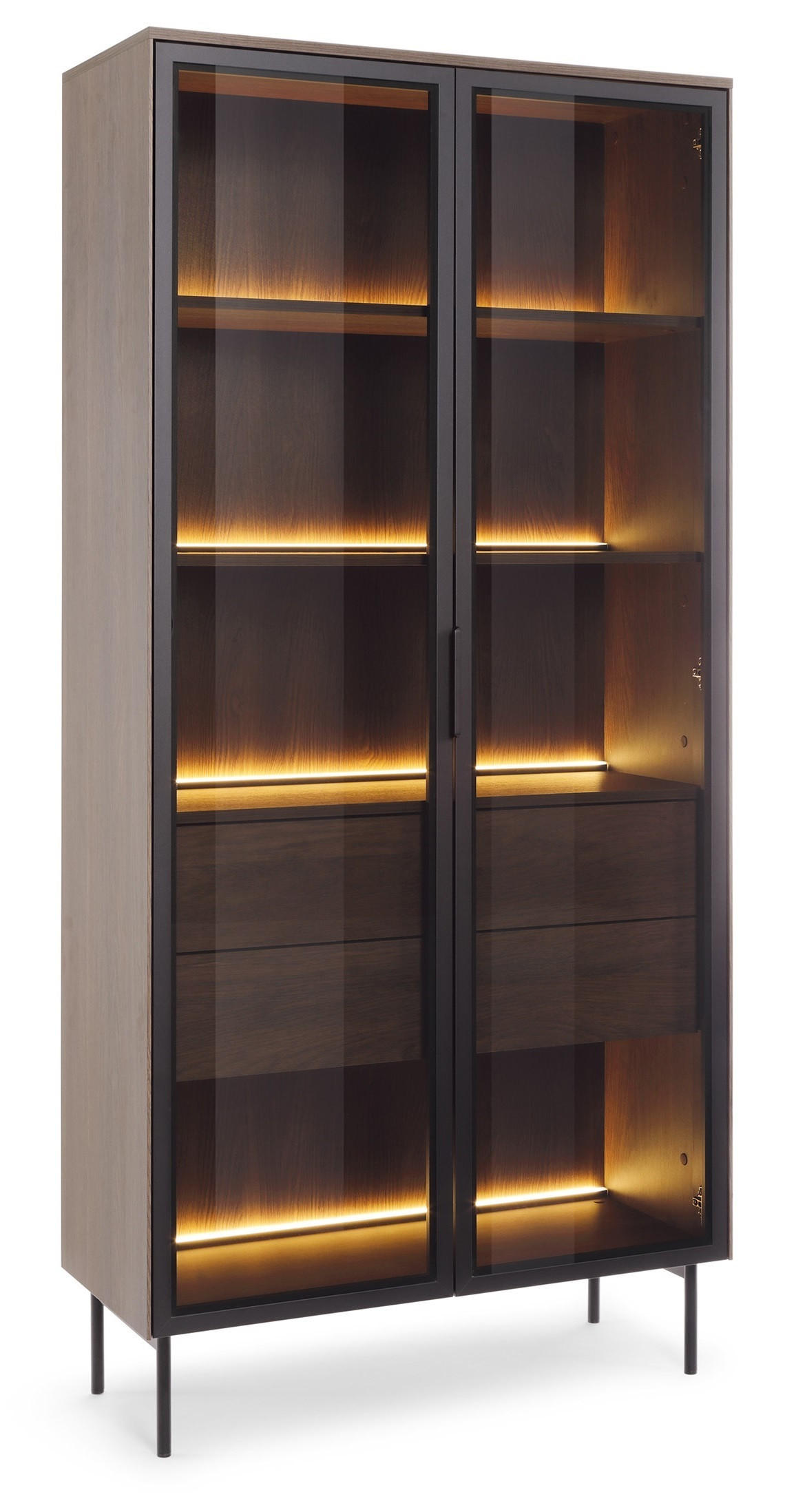 VITRINENSCHRANK 90 cm mit LED Senzia, 2 Türen, Schubladen, Eiche Dunin - Eichefarben, Holz (92/195/39cm) - Emporius