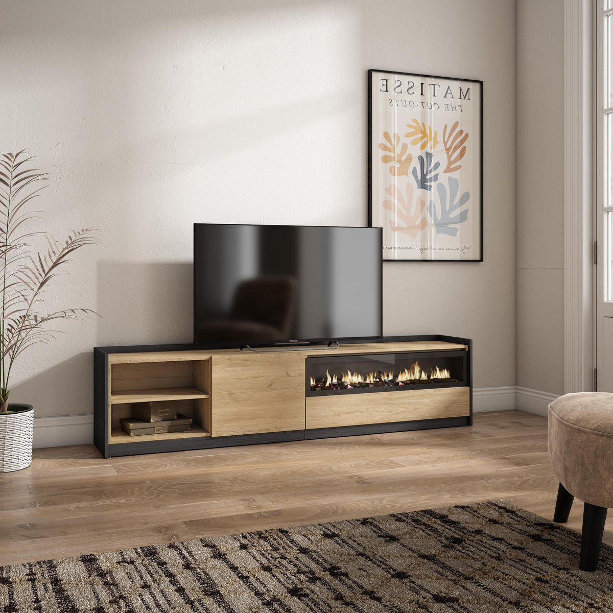 TV-SCHRANK, Lowboard, Eiche Schwarz, Elektrokamin, 207/37/50cm - Eichefarben, Holzwerkstoff (207/50/37cm) - Skraut Home