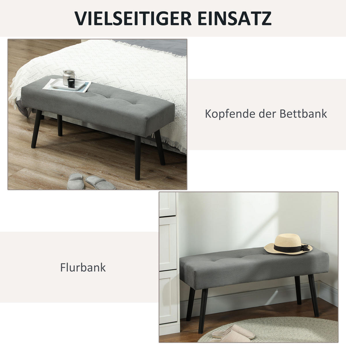 SITZBANK Polsterbank mit Cordbezug, Bettbank mit Metallbeine, Schuhbank Grau - Grau, Kunststoff (36/45/100cm) - HOMCOM