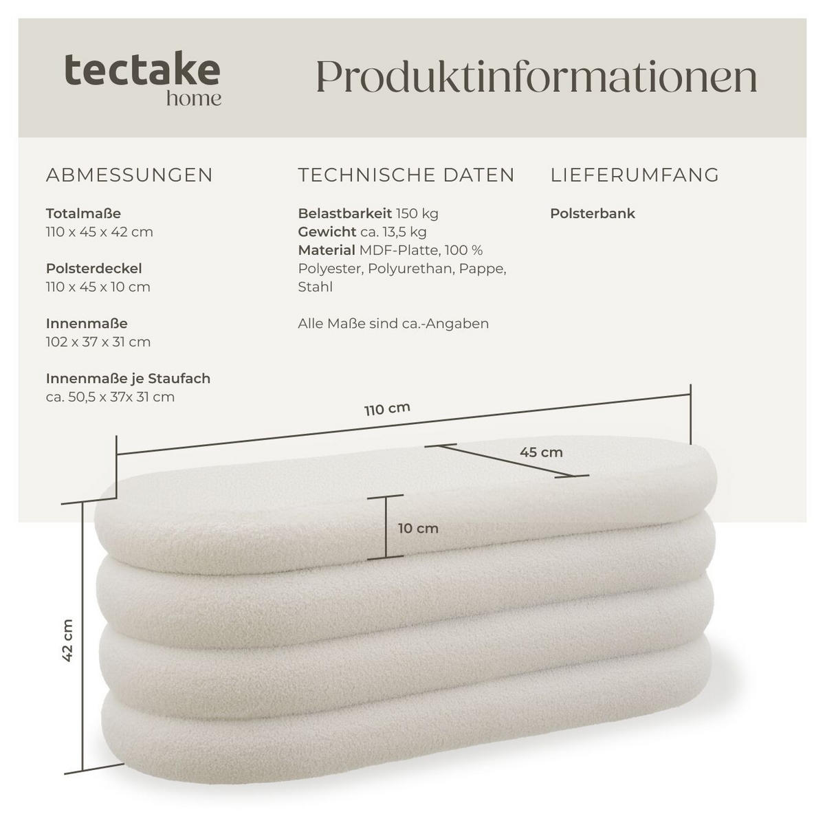 Truhenbank Altu,110 x 45 x 42 cm,Bouclé creme-weiß - Creme/Weiß, Holz (110/42/45cm) - tectake